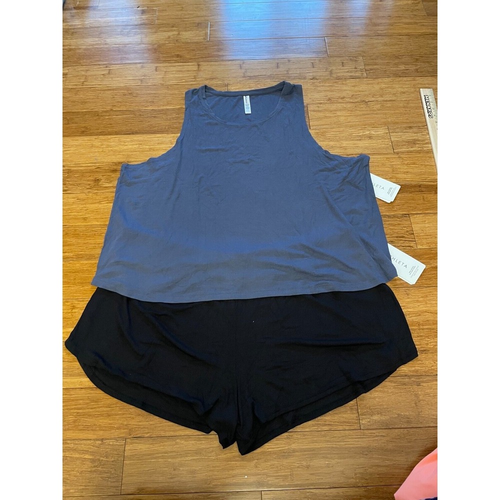 NWT ATHLETA WOMENS VIOLET BLUE SLEEVELESS TANK AND BLACK SHORTS RIB SLEEP SET 3X